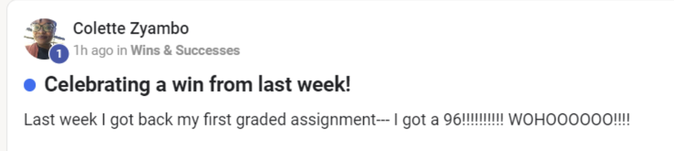 Colette got a 96 on her first graded assignment